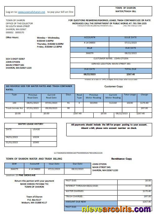 USA Sharon Town Of Sharon Water Trash Utility Bill Word And PDF Formats Sample