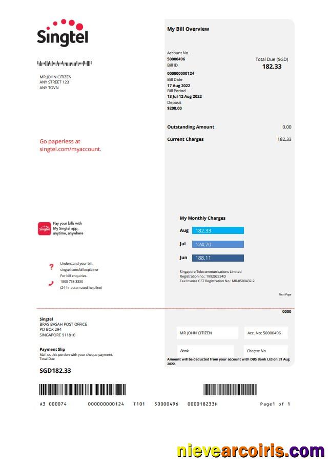 Editable USA Singtel Utility Bill Template In Word And PDF Format