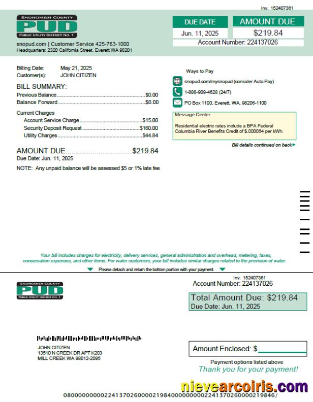 Realistic USA Snohomish County PUD Utility Bill Template In Word And PDF Formats