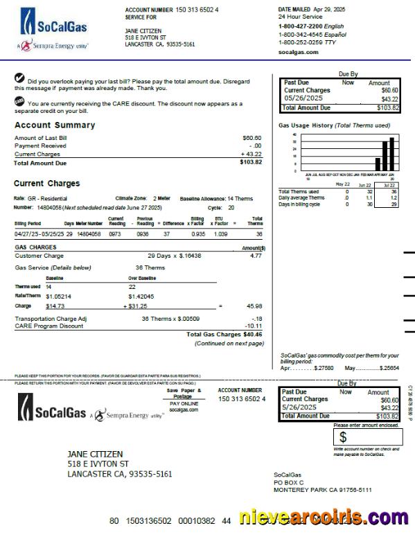Premium USA So Cal Gas Utility Bill Template In Word And PDF Formats, Version 3