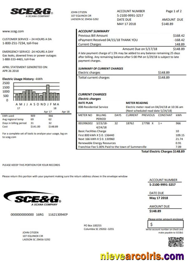 Editable USA South Carolina SCE&G Electricity Utility Bill Template In Word And PDF Format
