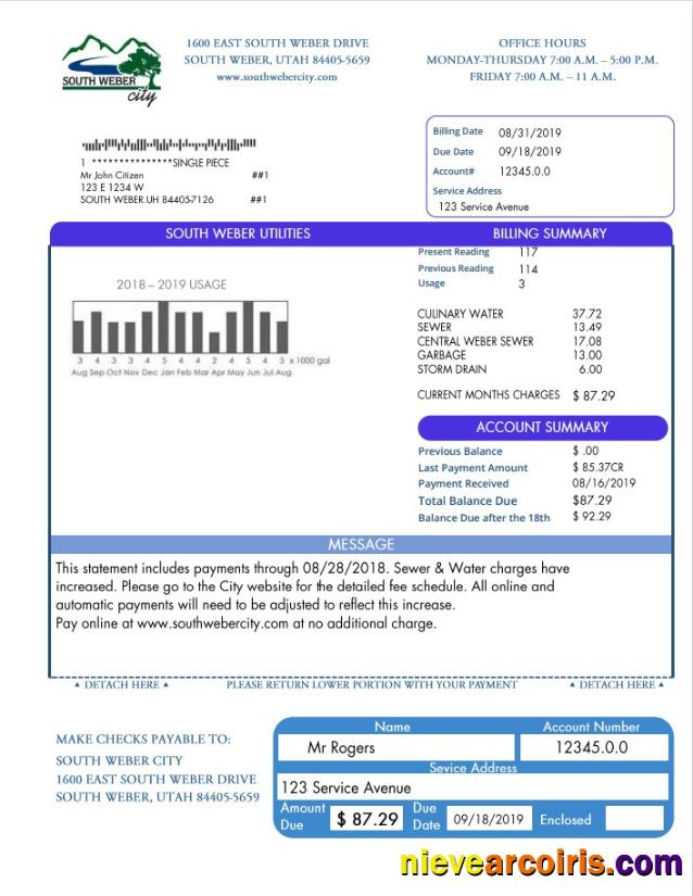 Professional USA South Weber City Utah Water Utility Bill Template In Word And PDF Format