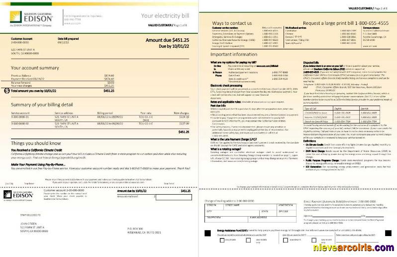 Professional USA Southern California EDISON Utility Bill, Word And PDF Template, 8 Pages 1 2