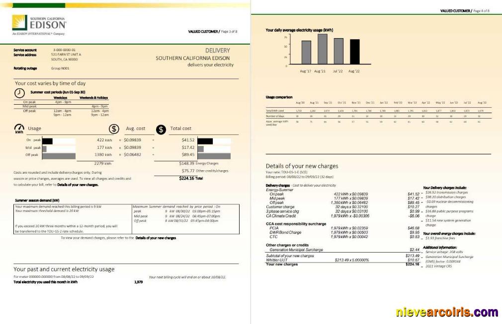 Editable USA Southern California EDISON Utility Bill, Word And PDF Template, 8 Pages 3 4