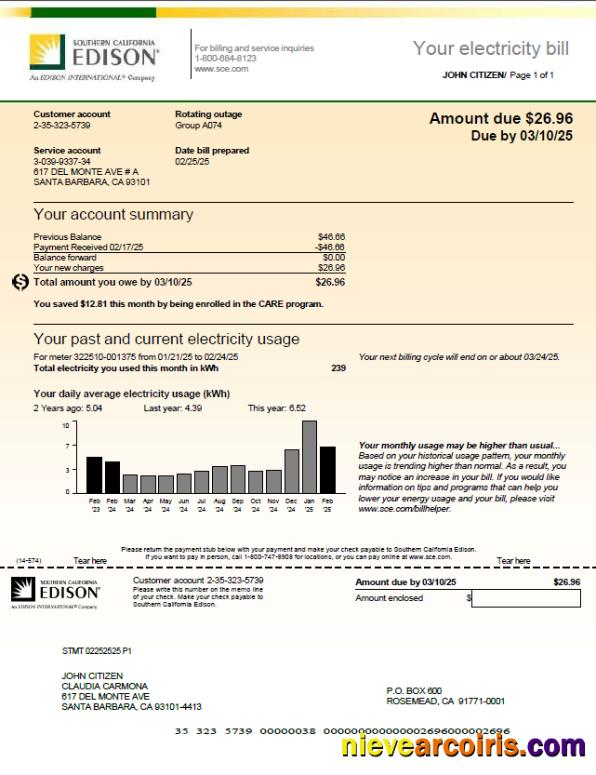 Realistic USA Southern California Edison Utility Bill Template In Word And PDF Formats, Version 2
