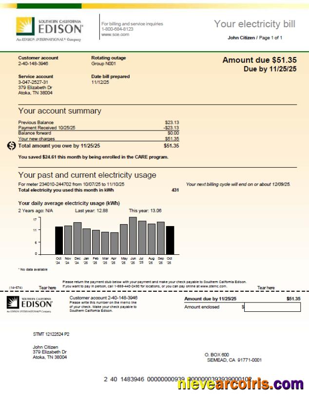 Professional USA Southern California Edison Utility Bill Template In Word And PDF Formats, Version 3