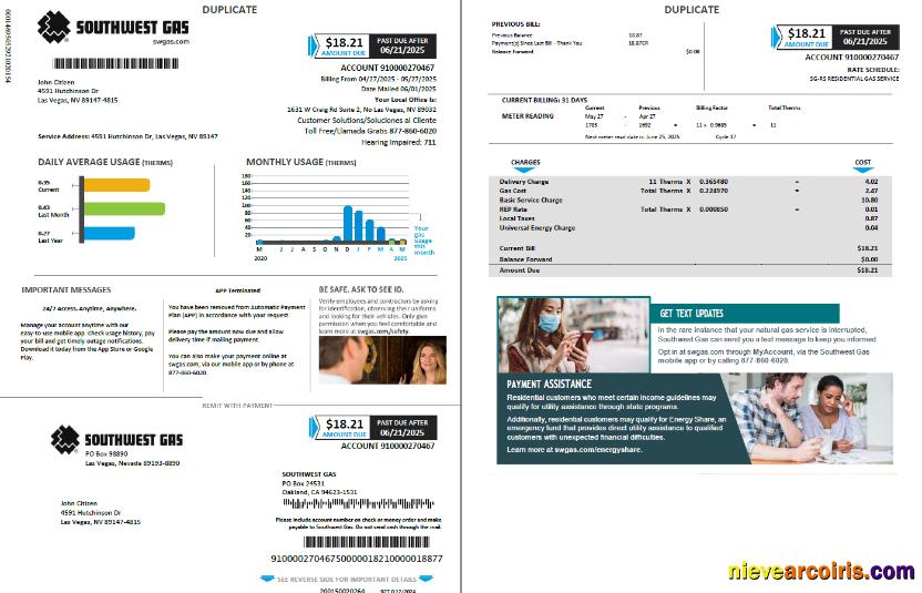 Realistic USA Southwest Gas Utility Bill Template In Word And PDF Formats, 2 Pages