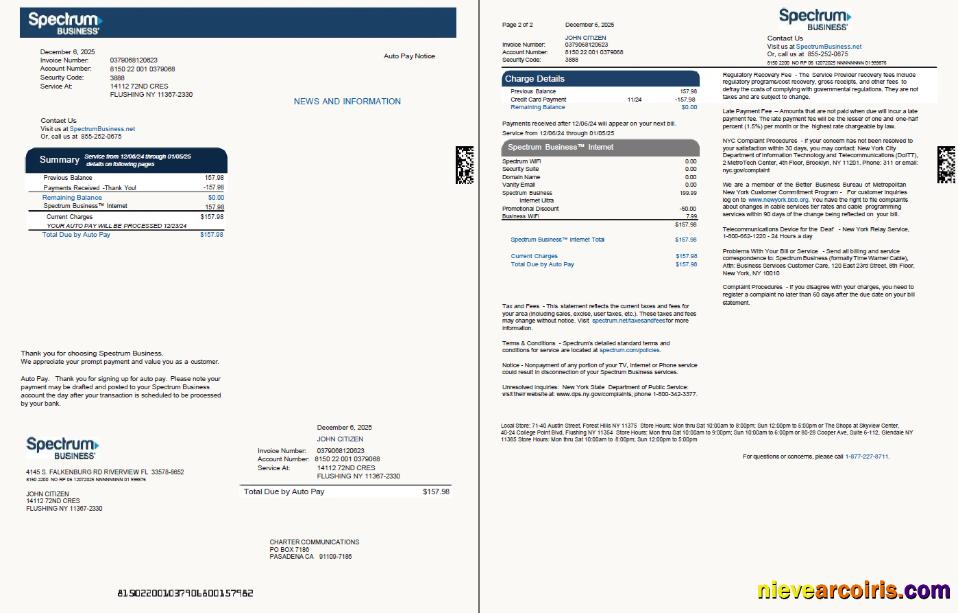 Editable USA Spectrum Business Utility Bill Template In Word And PDF Formats, 2 Pages, Version 2
