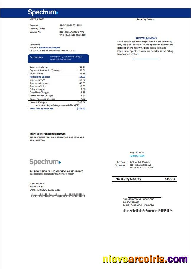 Professional USA Spectrum Utility Bill Template In Word And PDF Format (.doc And .pdf)