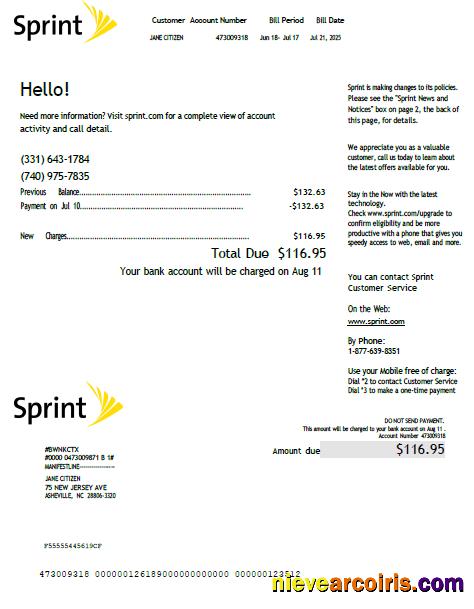 Realistic USA Sprint Utility Bill Template In Word And PDF Formats, Version 2