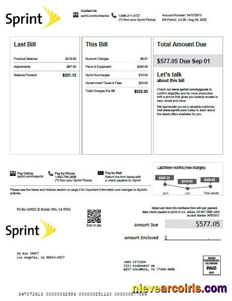 Editable USA Sprint Utility Bill Template In Word And PDF Formats, Version 3