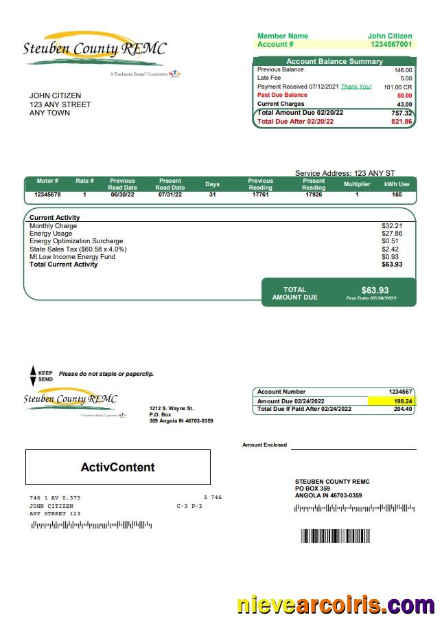 Editable USA Steuben Country REMC Utility Bill Template In Word And PDF Format