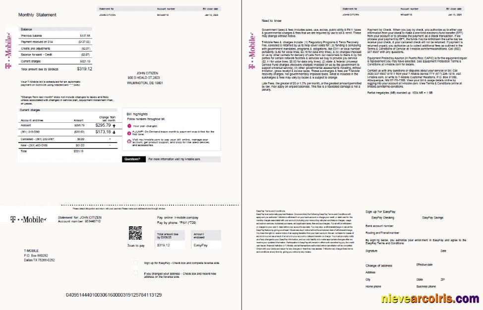 Premium USA T Mobile Utility Bill Template In Word And PDF Formats, 2 Pages, Version 2