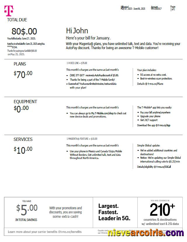 Editable USA T Mobile Utility Bill Template In Word And PDF Formats, Version 3