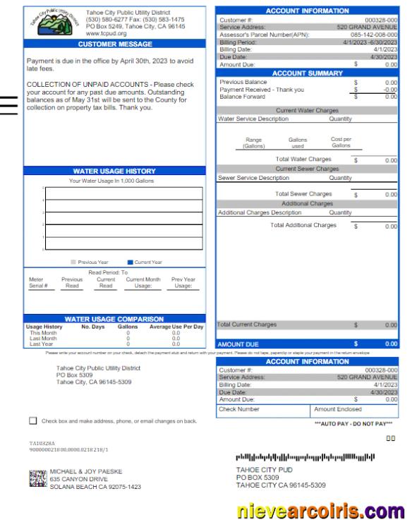 Professional USA TAHOE CITY PUBLIC UTILITY Utility Bill Word And PDF Template