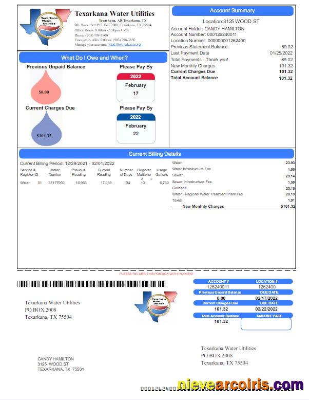 Professional USA TEXARKANA WATER UTILITIES Utility Bill Word And PDF Template
