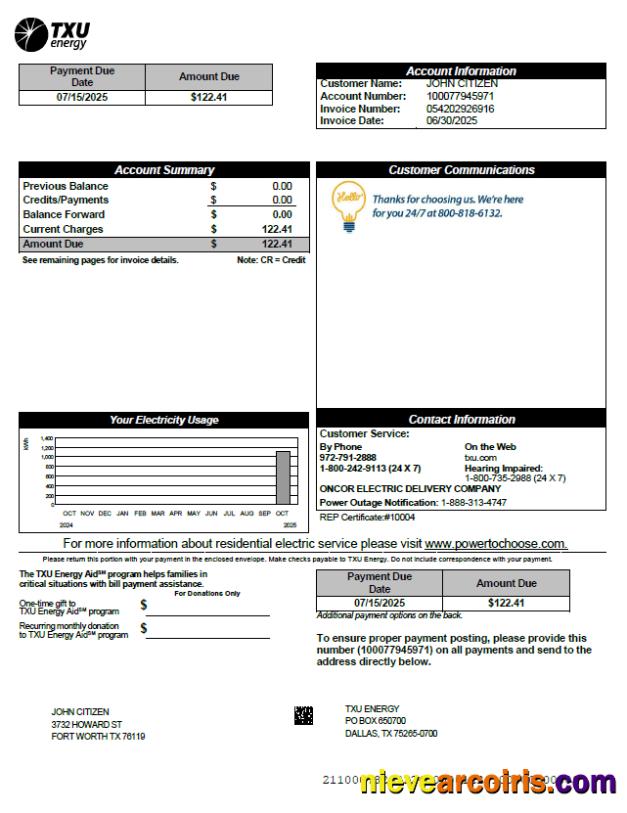 Premium USA TXU Energy Utility Bill Template In Word And PDF Formats, Version 2