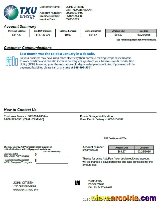 Premium USA TXU Energy Utility Bill Template In Word And PDF Formats, Version 4