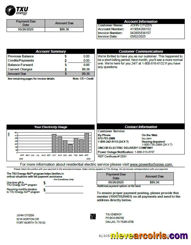 Professional USA TXU Energy Utility Bill Template In Word And PDF Formats, Version 6
