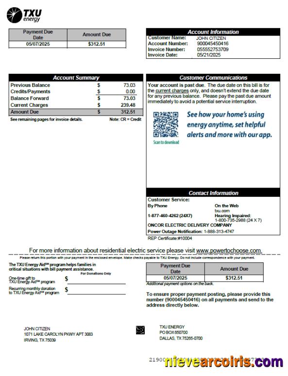 Editable USA TXU Energy Utility Bill Template In Word And PDF Formats, Version 7