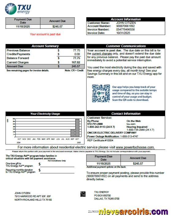 Realistic USA TXU Energy Utility Bill Template In Word And PDF Formats, Version 8