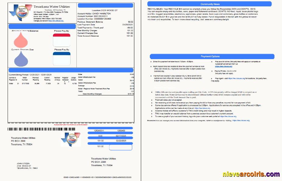 Professional USA Texarkana Water Utilities Utility Bill Template In Word And PDF Formats, 2 Pages