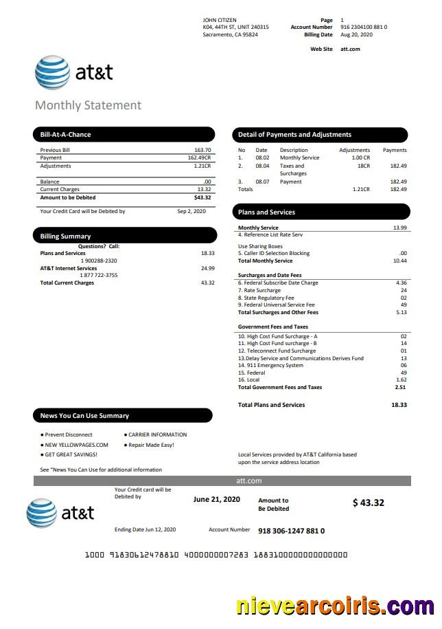 Realistic USA Texas AT&T Easy To Fill Utility Bill Template In Word And PDF Format
