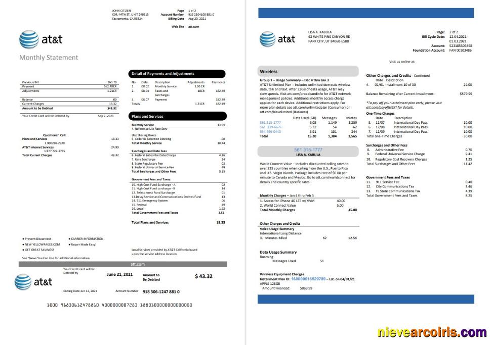 Editable USA Texas AT&T Telecommunications Utility Bill Template In Word And PDF Format (2 Pages)