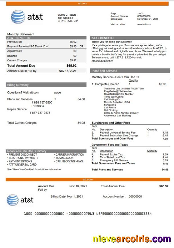 Editable USA Texas AT&T Telecommunications Utility Bill Template In Word And PDF Format