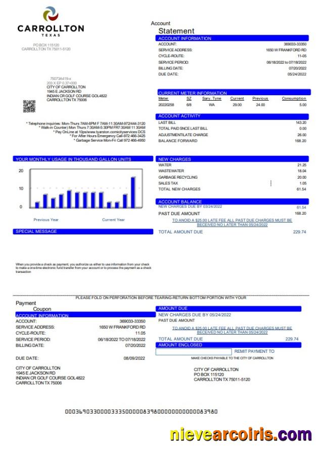 Premium USA Texas Carrollton Utility Bill Template In Word And PDF Format