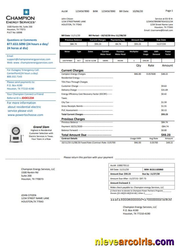 Editable USA Texas Champion Energy Services Proof Of Address Utility Bill Template In Word And PDF Format