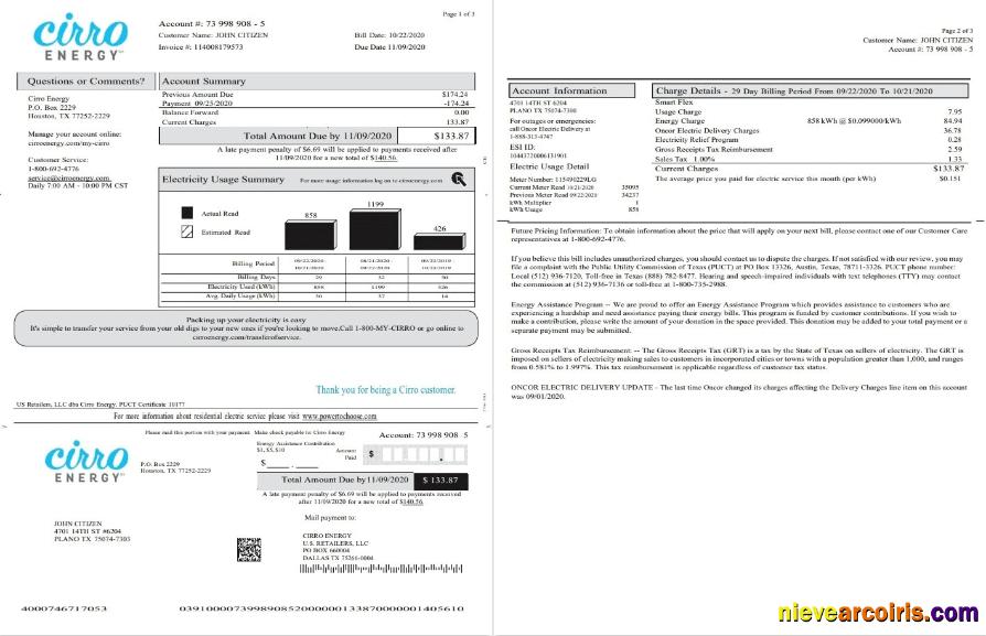 Realistic USA Texas Cirro Energy Utility Bill Template In Word And PDF Format (3 Pages) 1 2