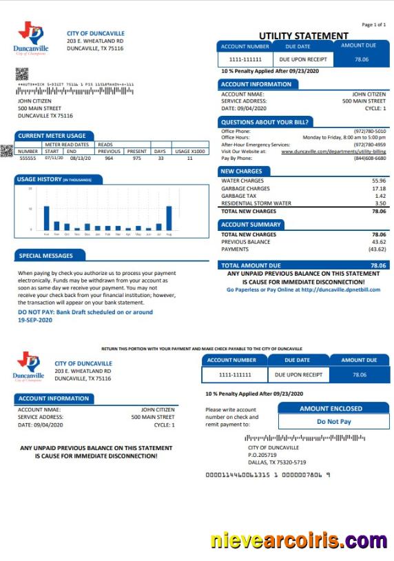 Premium USA Texas City Of Duncanville Water, Sewer, Garbage Utility Bill Template In Word And PDF Format