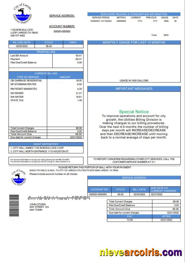 Premium USA Texas City Of Laredo Utilities Department Water Utility Bill Template In Word And PDF Format