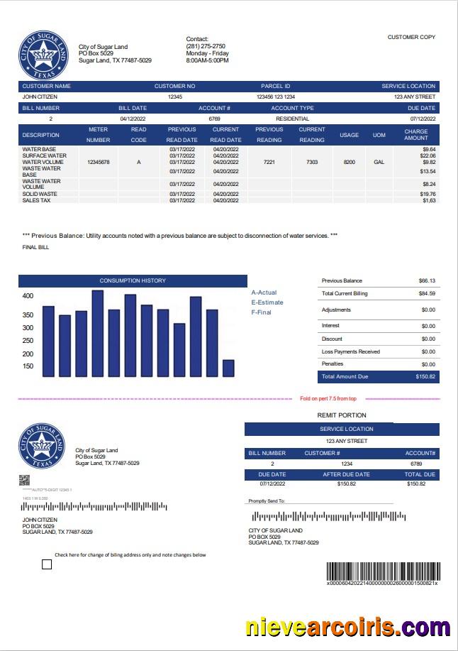 Professional USA Texas City Of Sugar Land Utility Bill Template In Word And PDF Format