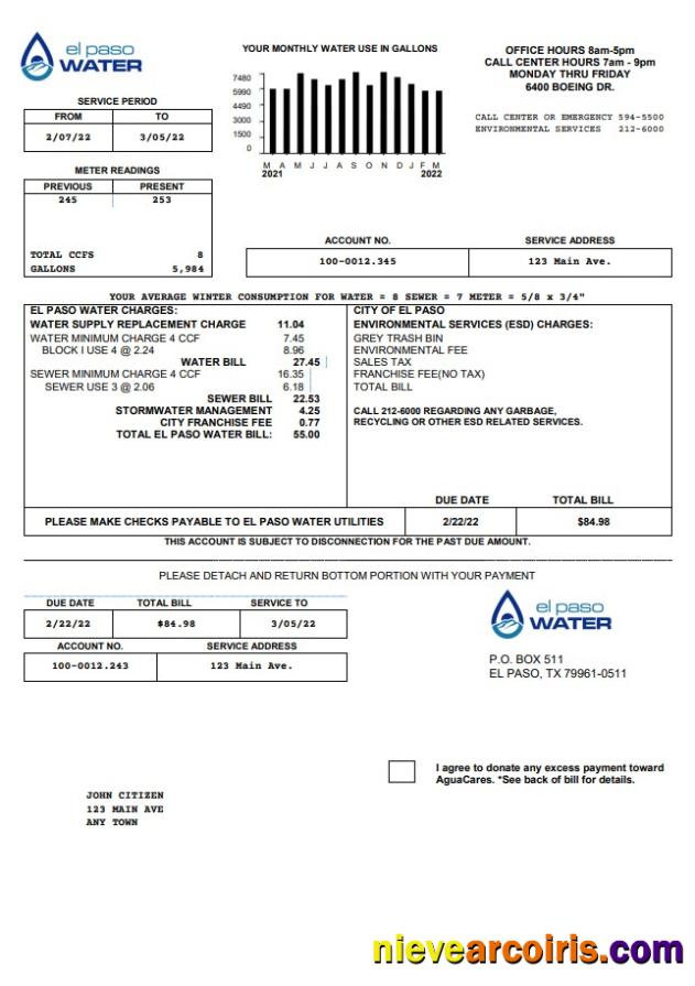 Editable USA Texas El Paso Water Utility Bill Template In Word And PDF Format