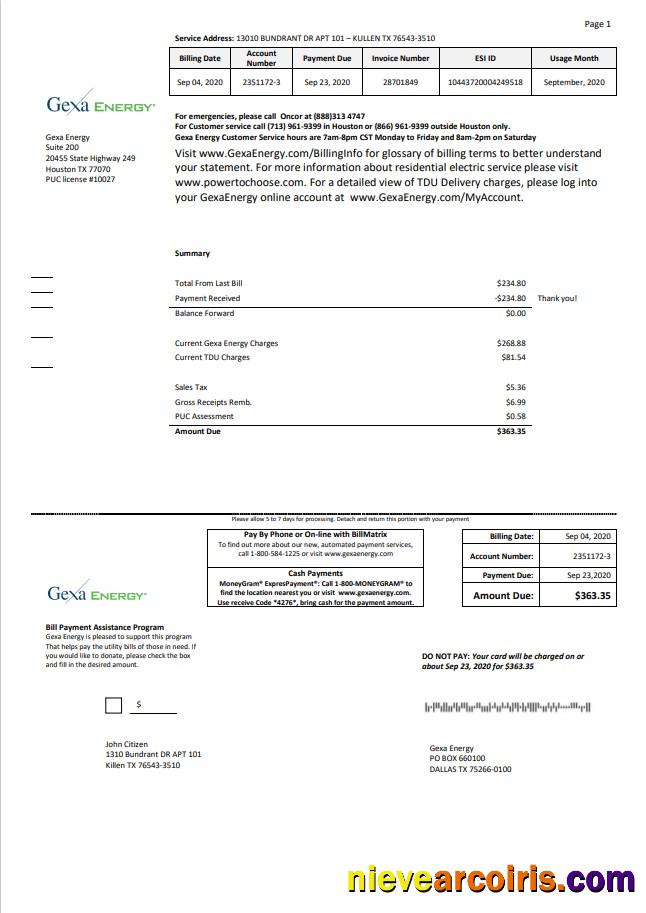 Realistic USA Texas Gexa Energy Utility Bill Template In Word Format
