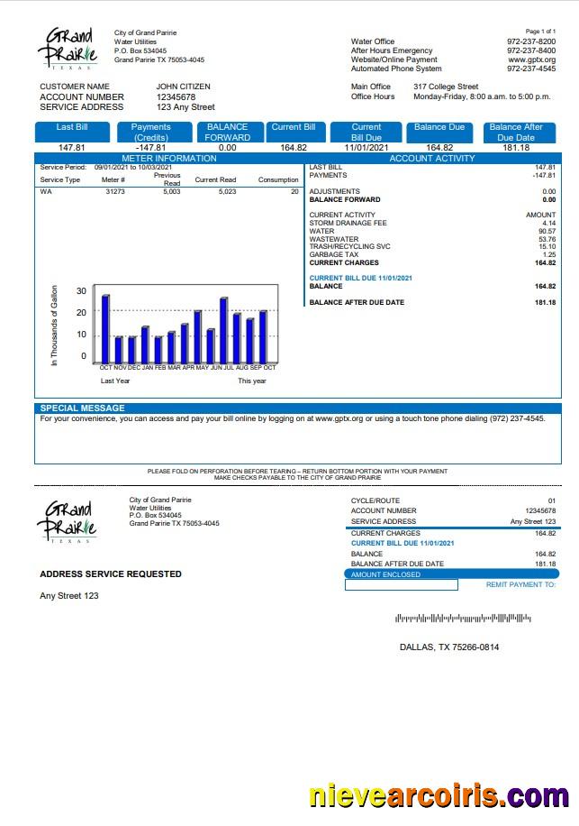 Professional USA Texas Grand Prairie Utility Bill Template In Word And PDF Format