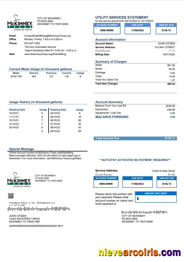 Premium USA Texas McKinney Utility Bill Template In Word And PDF Format