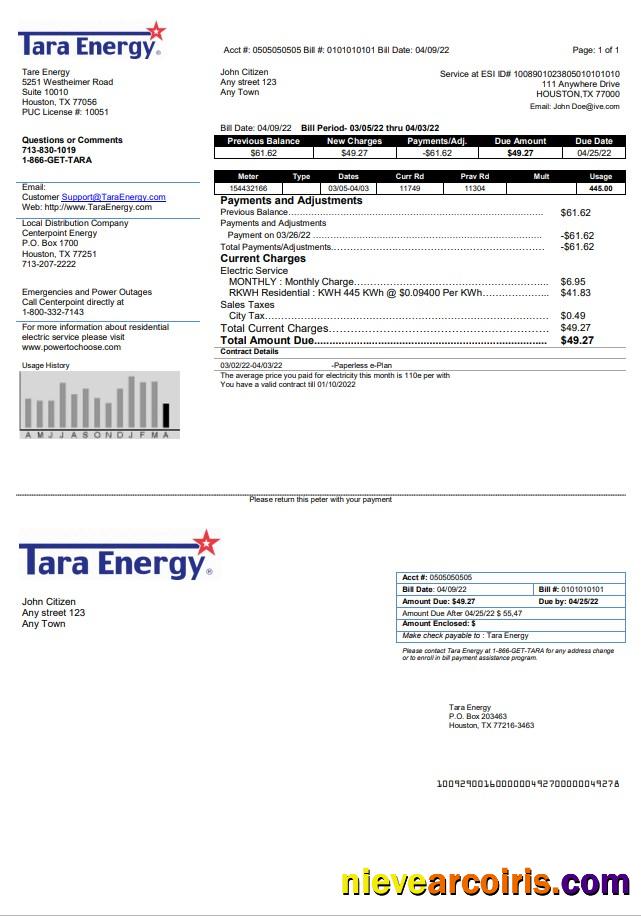 Editable USA Texas Tara Energy Utility Bill Template In Word And PDF Format
