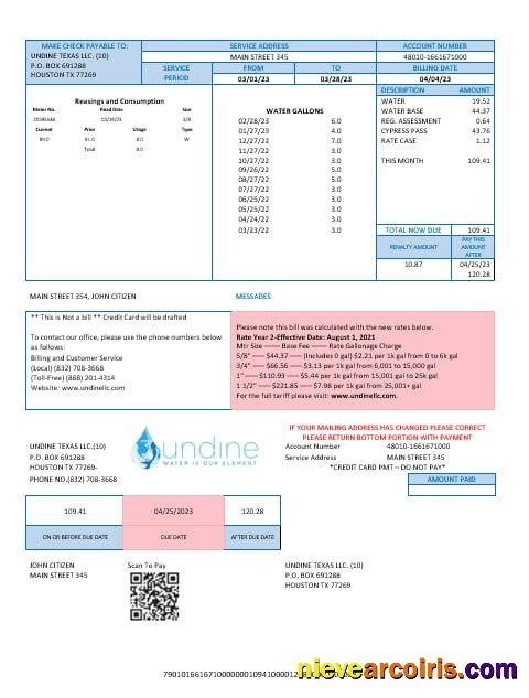 USA Texas Undine Water Is Our Element Water Utility Bill Word And PDF Formats Preview