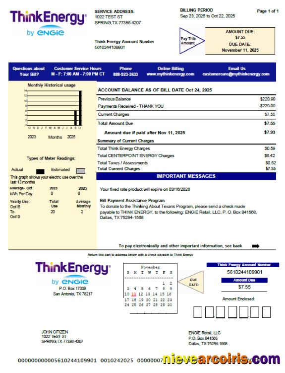 Editable USA Think Energy Utility Bill Template In Word And PDF Formats, Version 2