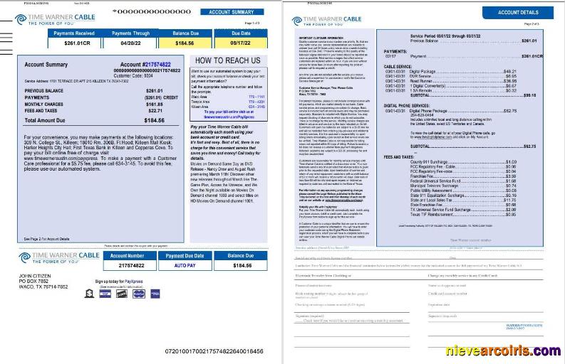 Premium USA Time Warner Cabel Utility Bill, Word And PDF Template, 3 Pages 1 2