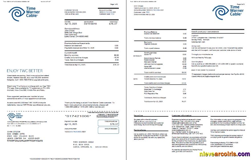 Editable USA Time Warner Cable Utility Bill Template In Word And PDF Formats, 2 Pages