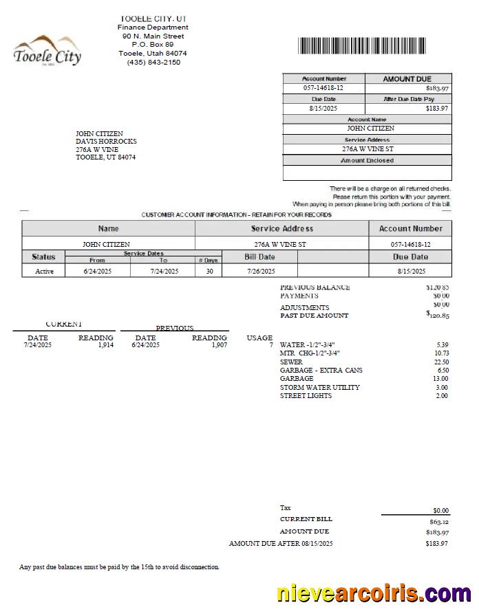Realistic USA Tooele City Utility Bill Template In Word And PDF Formats