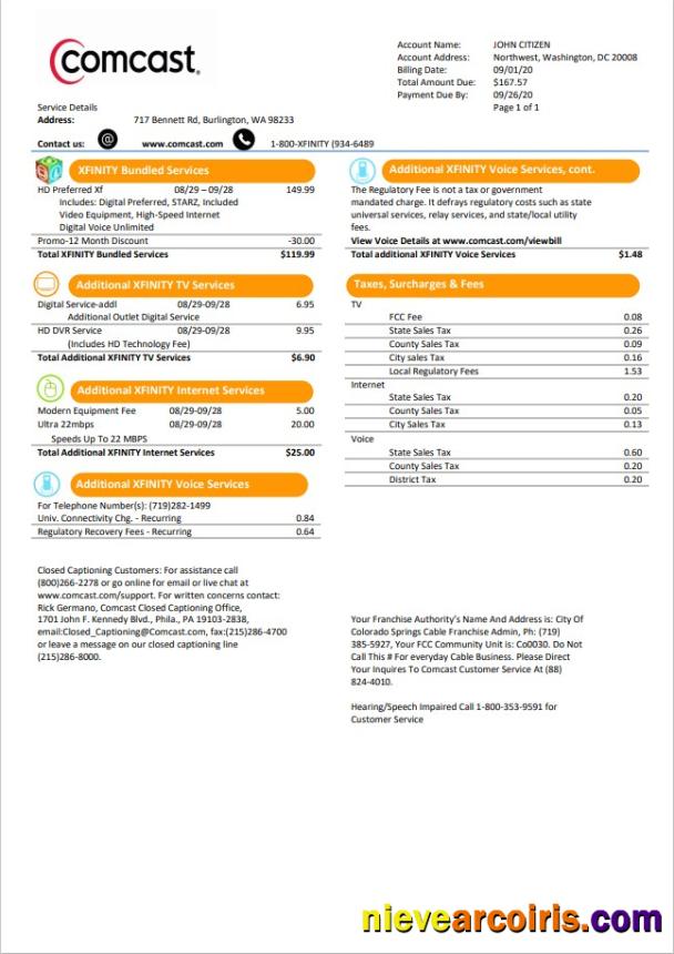Professional USA Utah Comcast Utility Bill Template In Word And PDF Format Version 1