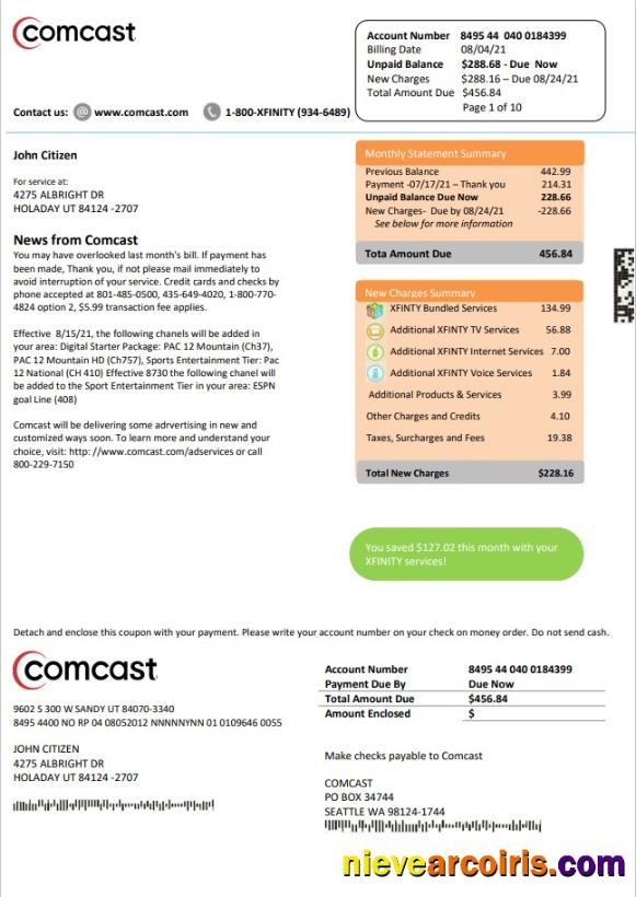 Premium USA Utah Comcast Utility Bill Template In Word And PDF Format Version 2