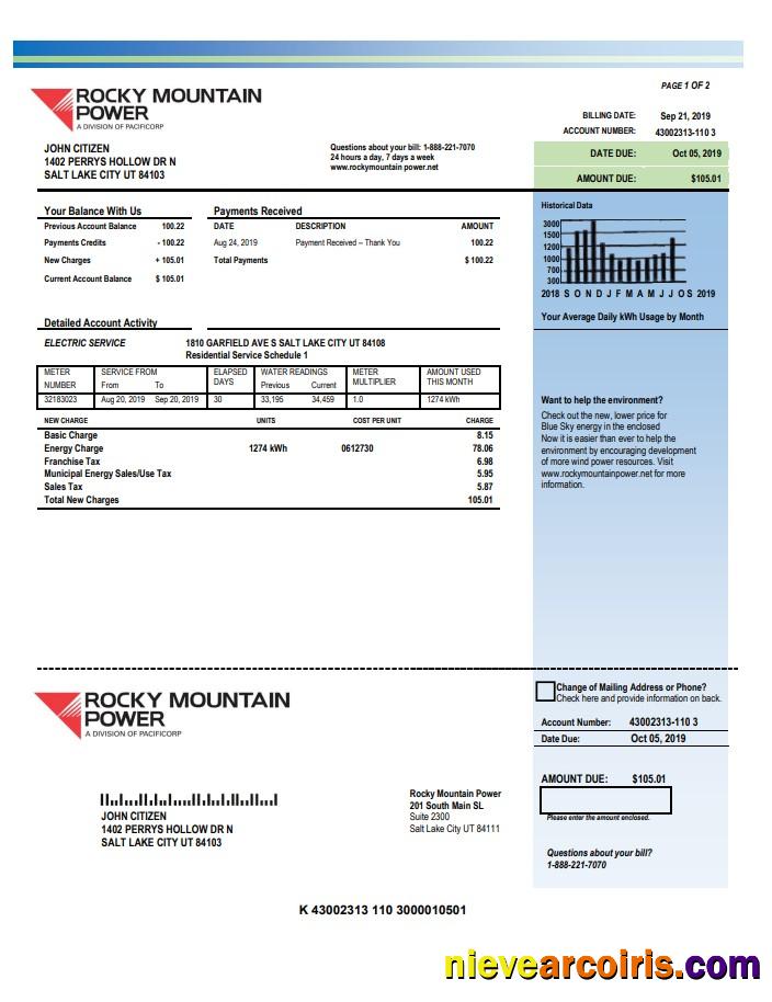 Realistic USA Utah Rocky Mountain Power Electricity Utility Bill Template In Word And PDF Format