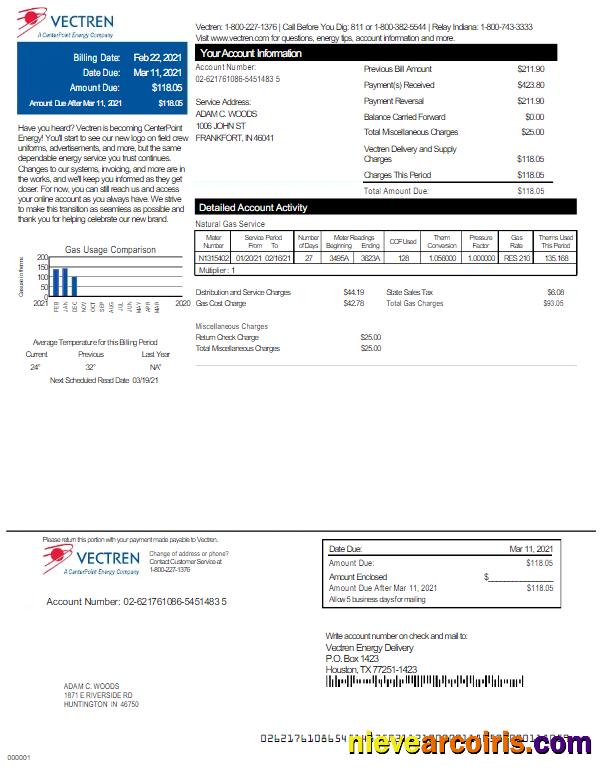 Editable USA VECTREN Utility Bill Word And PDF Template