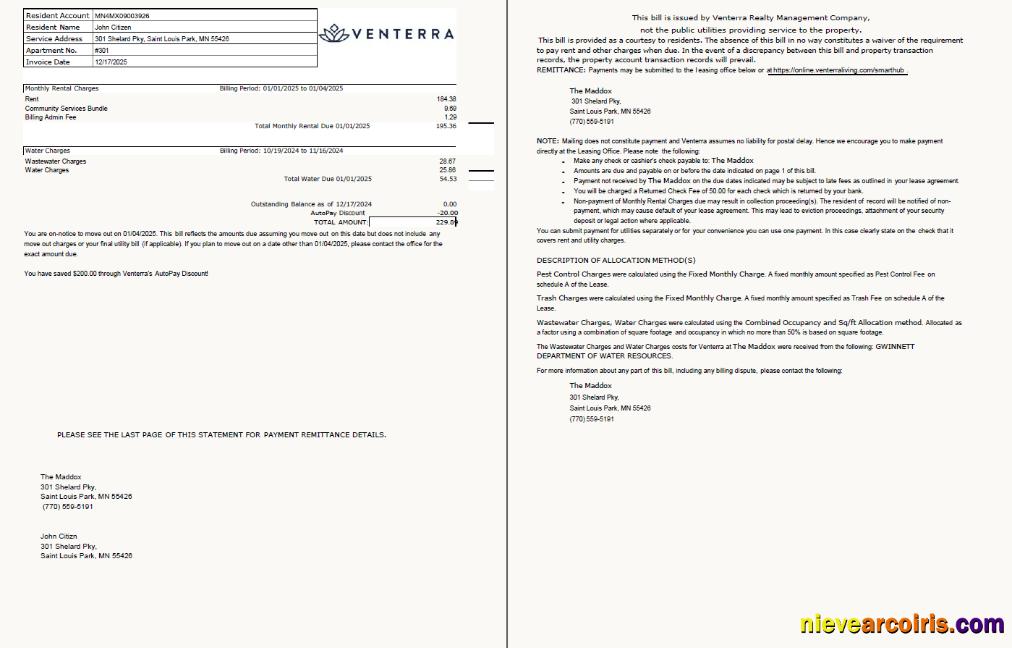 Premium USA Venterra Utility Bill Template In Word And PDF Formats, 2 Pages